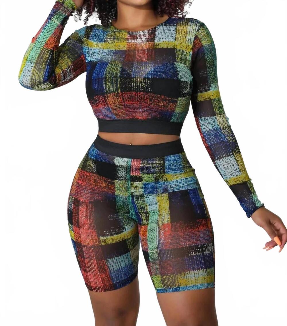 NEW GOOD TIME USA it gets better plaid crop bermuda short set in multi